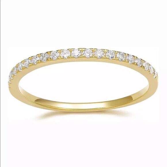 NEW! 18K Yellow Gold Plated Inlaid Diamond Half Circle Stacking Eternity Band - Picture 10 of 11